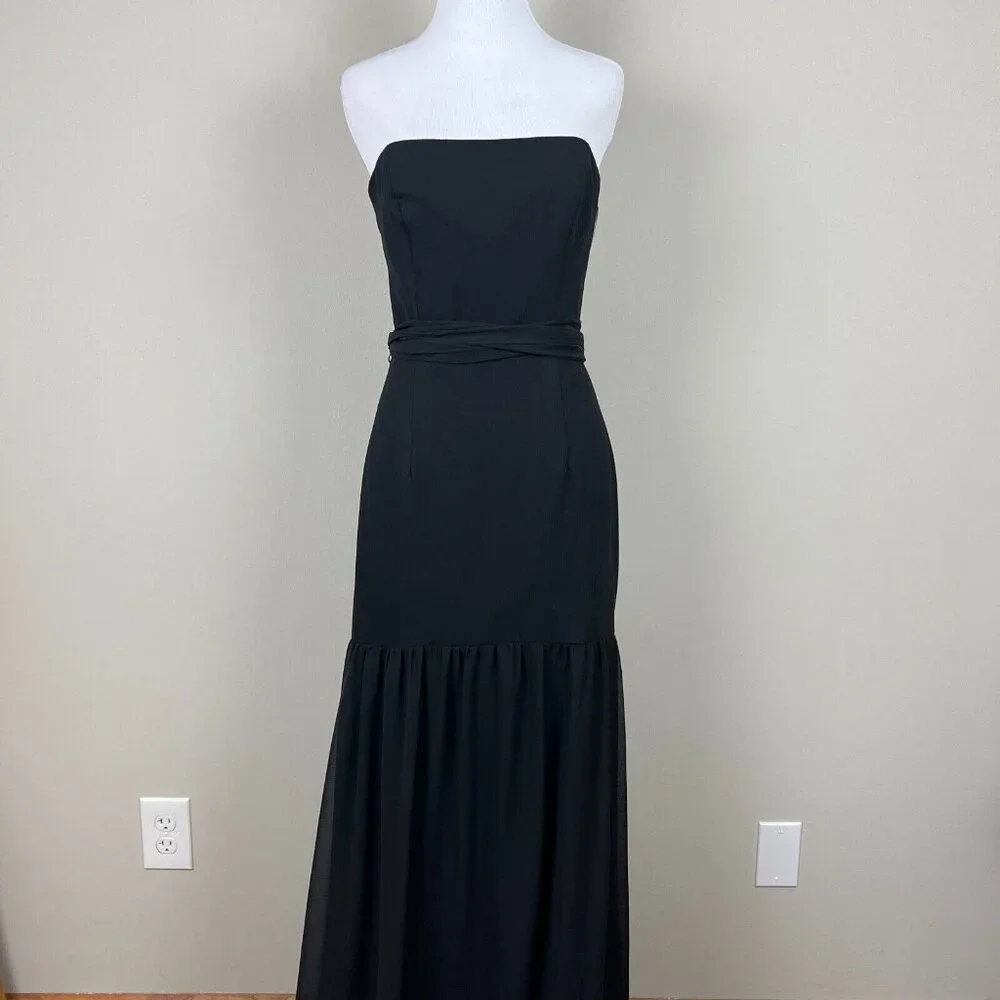 White Vera Wang Dress Womens 8 Black Crinkle Chiffon‎ Trumpet Hem Strapless Gown